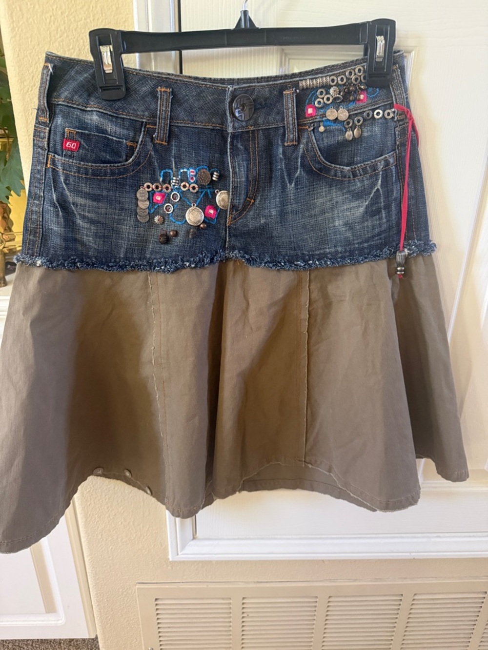 2K Miss Sixty Two-Tone Denim and Khaki A-Line Skirt with Embellished Accents Fun